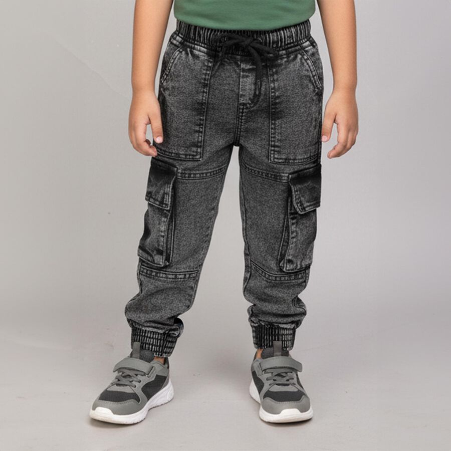 Boys Washed Black Cargo Fit Jeans, गहरा ग्रे, large image number null