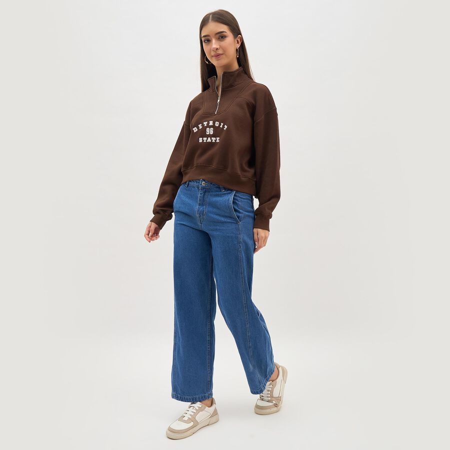 Women's Dark Chocolate Brown Half Zip Casual Sweatshirt, भूरा, large image number null