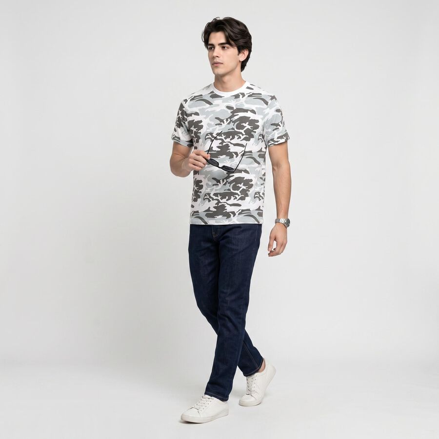 Men's White Cotton Round Neck Camouflage Regular T-Shirt, सफ़ेद, large