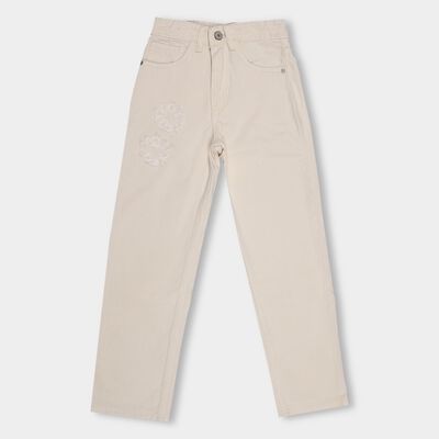 Girls' Light Beige Wide Leg Buttoned Jeans