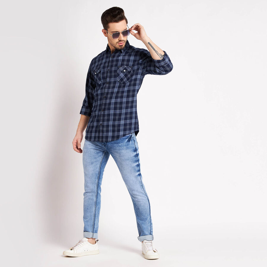 Cotton Checks Casual Shirt, Dark Blue, large image number null