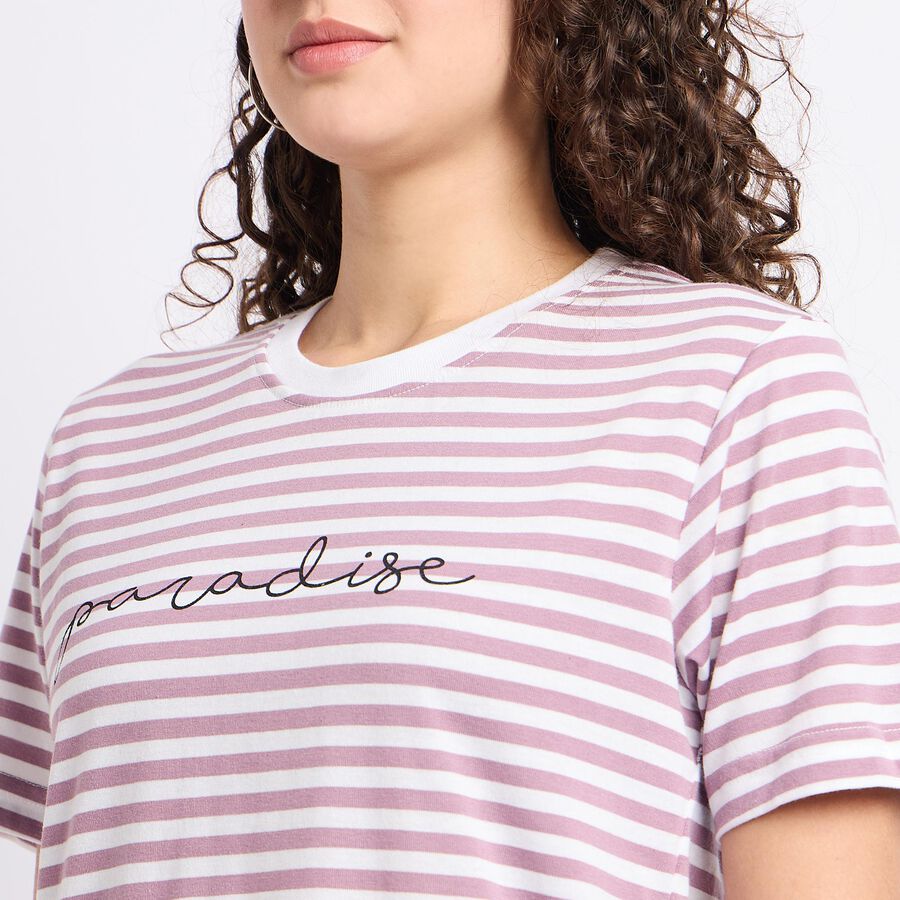 Ladies'  Stripes Round Neck T-Shirt, Purple, large image number null
