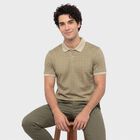 Men's Beige Cotton Polo Neck Printed T-Shirt, Beige, small