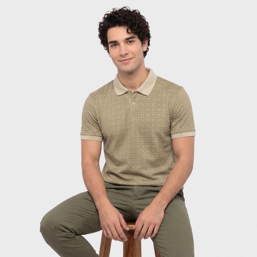 Men's Beige Cotton Polo Neck Printed T-Shirt, Beige, large