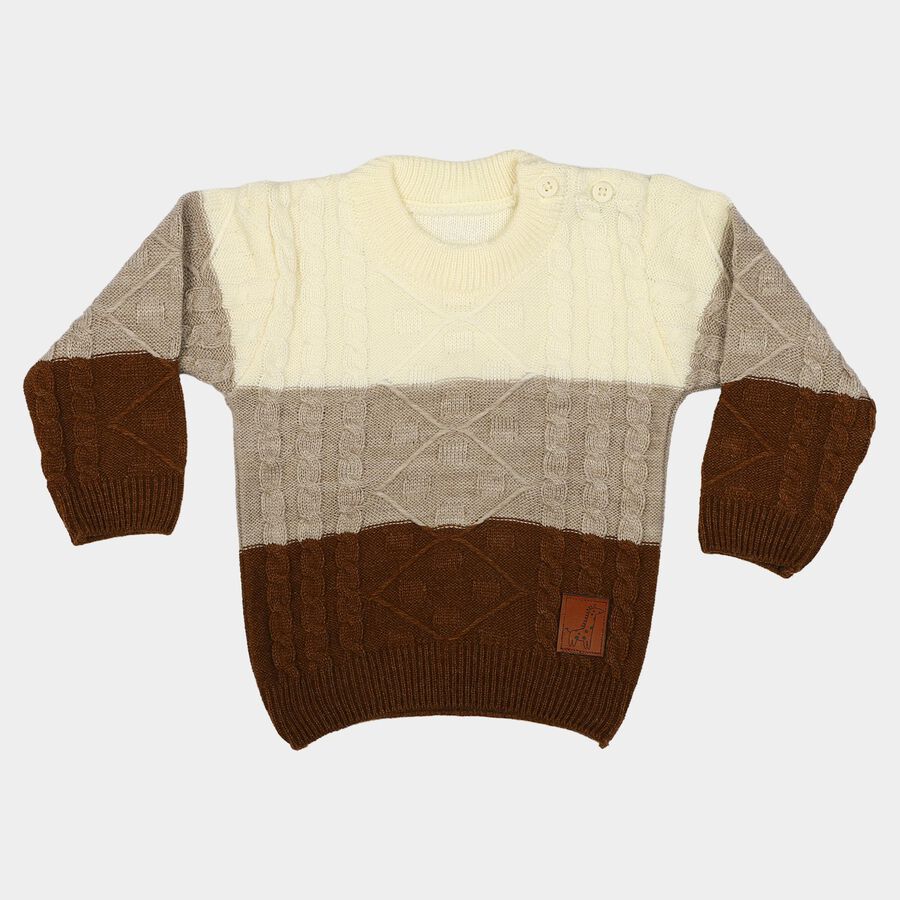 Infants Brown Crew Neck Knitted Design Pullover, भूरा, large