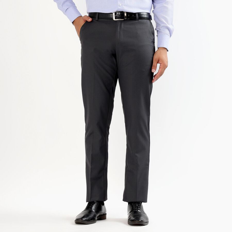 Men's Charcoal Grey Slim Fit Flat-Front Formal Trousers, गहरा ग्रे, large image number null