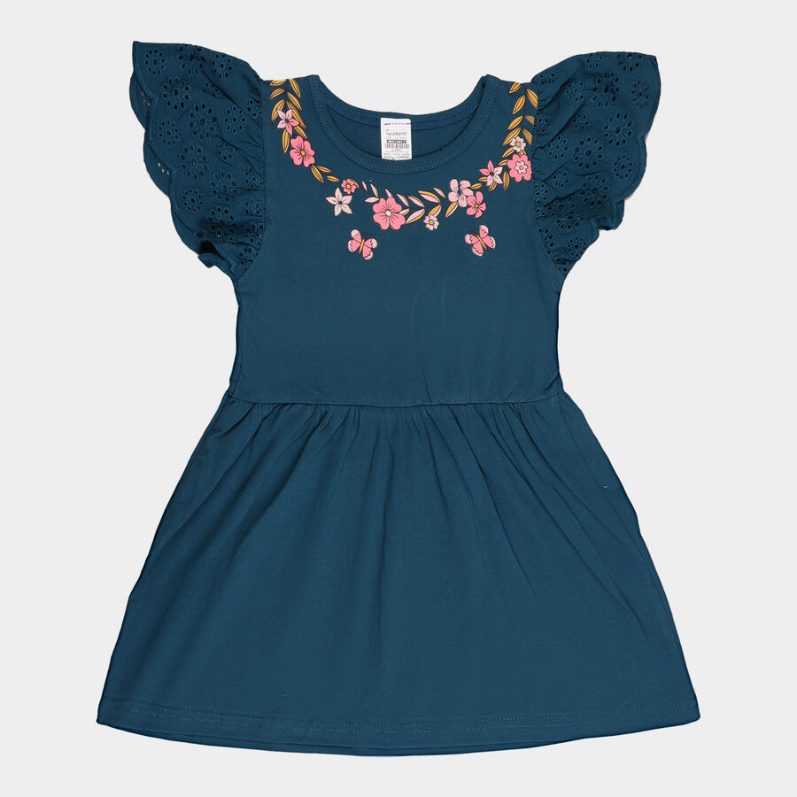 Girls Cotton Frock, Teal Blue, large image number null