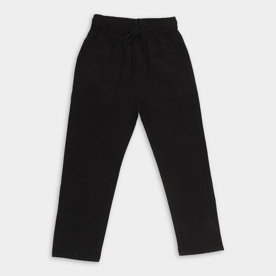 Boys Jet Black Regular Fit Cotton Trousers, काला, large image number null
