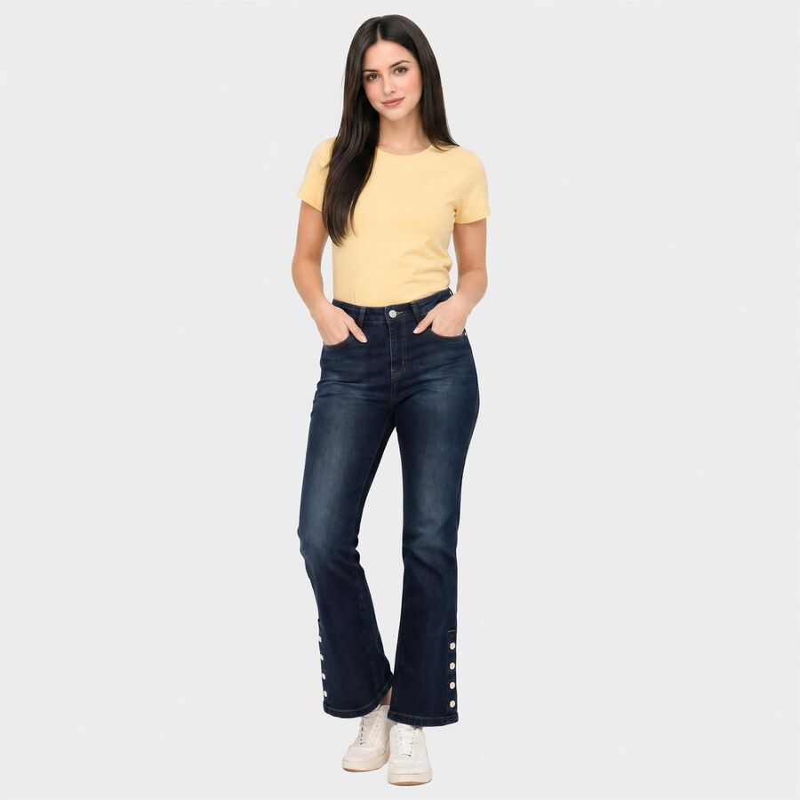 Women's Navy Blue Bootcut Fit Side Slit Button Detail Jeans, गहरा नीला, large