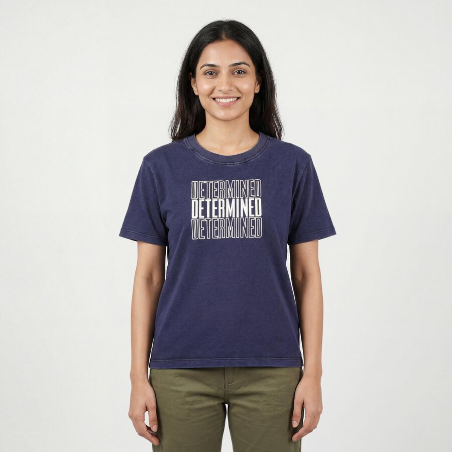 Women's Navy Blue Round Neck Casual T-Shirt, Navy Blue, large