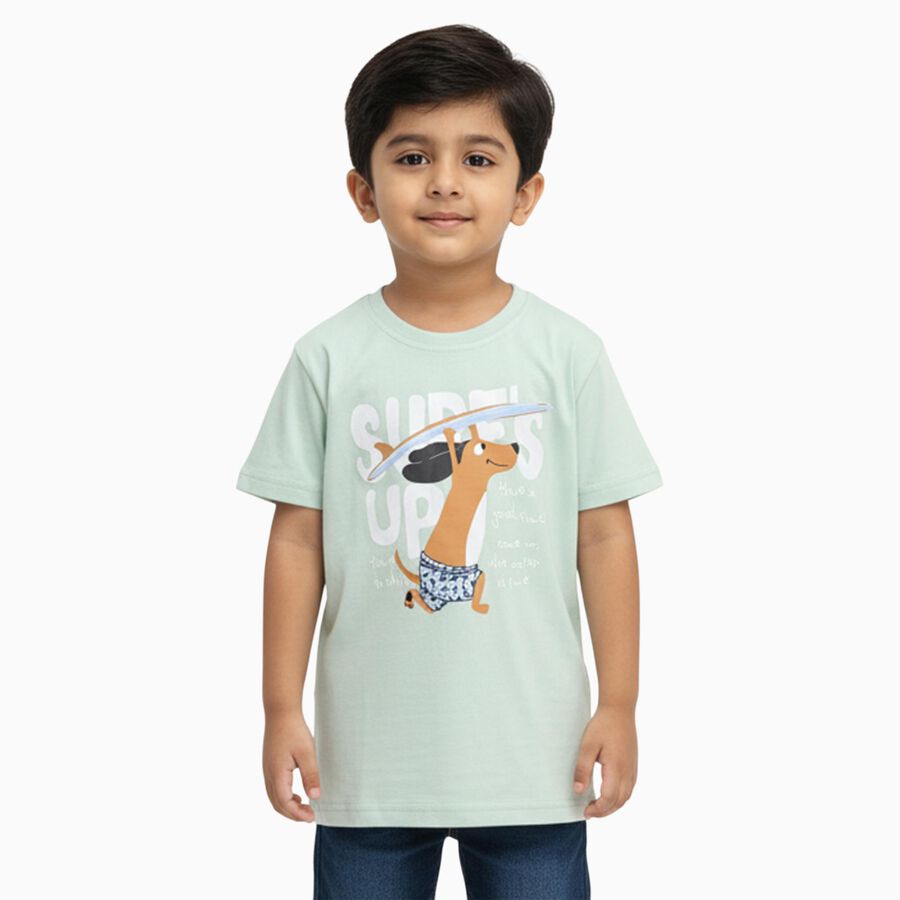 Boys Light Mint Green Cotton Round Neck Casual T-Shirt, Light Green, large