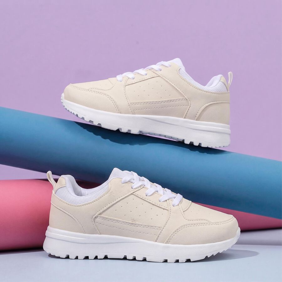 Women's Beige Lace-Up Sneakers, Beige, large