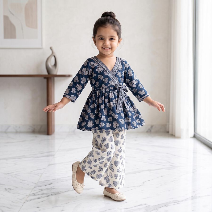 Girls Navy Blue V Neck Fusion Set Upper and Bottom Set, नेवी ब्लू, large