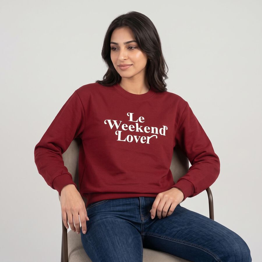 Women Maroon Crew Neck Pullover Sweatshirt, मरून, large