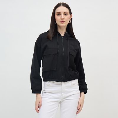 Women's Jet Black Hooded Relaxed Fit Sweatshirt