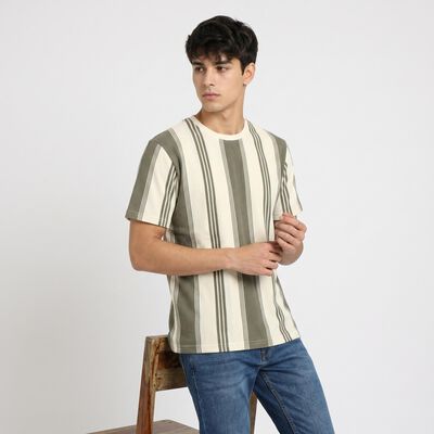 Men's Green Round Neck Striped Regular T-Shirt