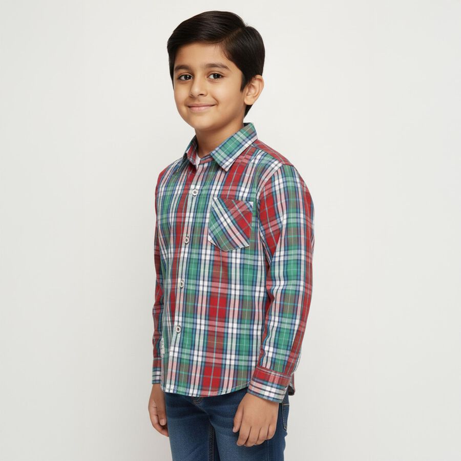 Boys Bright Red and Green Cotton Classic Collar Casual Shirt, लाल, large image number null