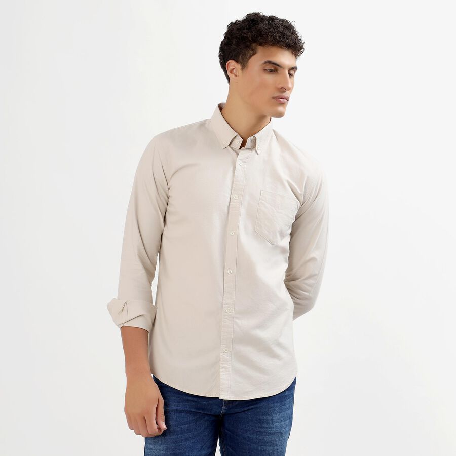 Men's Light Beige Cotton Button-Down Casual Shirt, Beige, large image number null