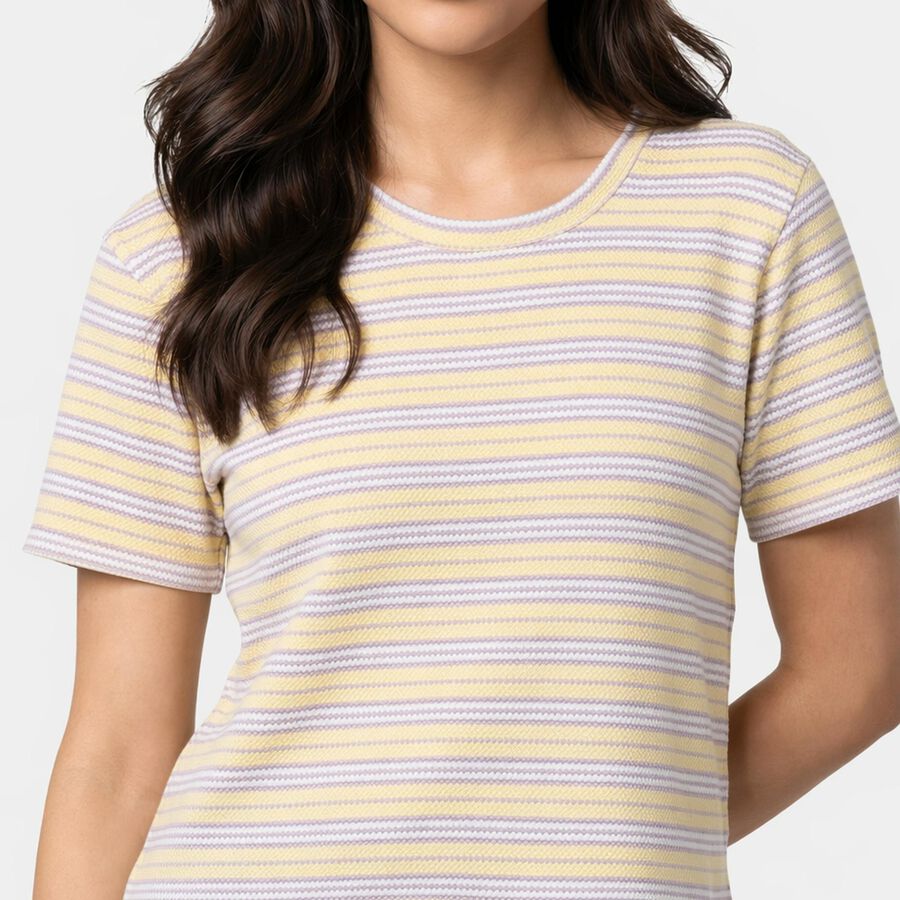 Women's Lemon Round Neck Striped Regular T-Shirt, Lemon, large