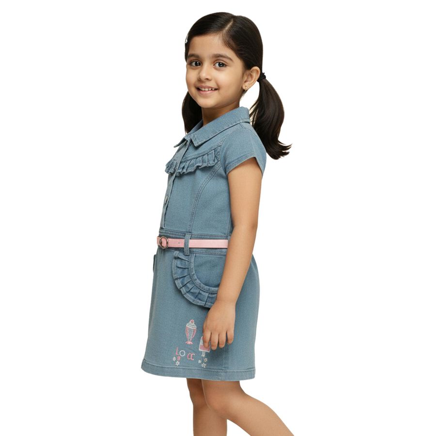 Girls' Light Denim Blue Ruffle Collared Casual Frock, Light Blue, large image number null