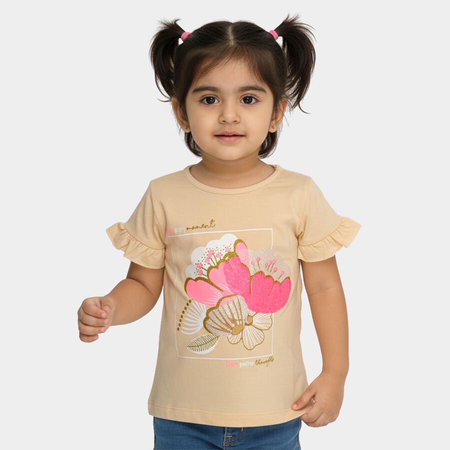 Girls Light Beige Cotton Round Neck Casual T-Shirt, गहरा पीला, large image number null