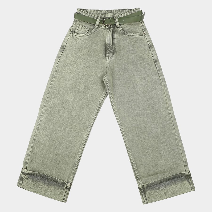 Girls' Green Wide Leg Washed Jeans, हल्का हरा, large