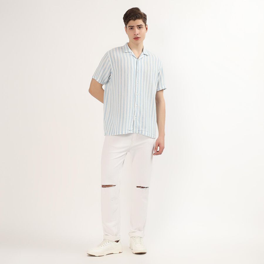 Men's Light Blue Cotton Half Sleeve Cuban Collar Casual Shirt, Light Blue, large