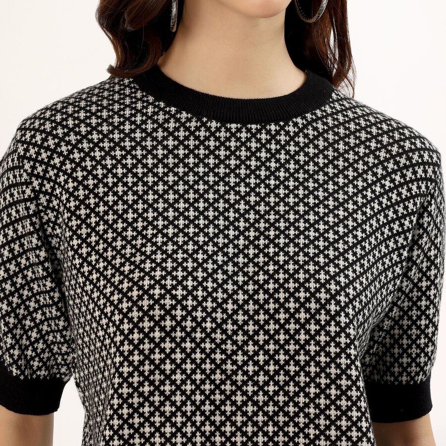Women's Black Cotton Round Neck Geometric Top, Black, large image number null