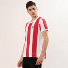 Men's Red V-Neck Striped Athleisure T-Shirt, Red, small