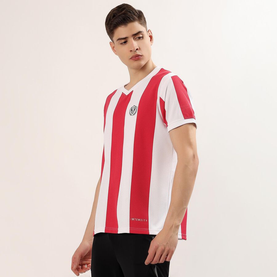 Men's Red V-Neck Striped Athleisure T-Shirt, Red, large