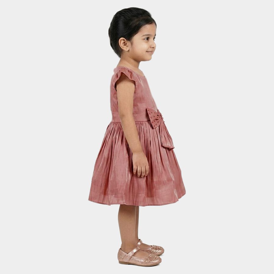 Girls' Pink Bow Embellished Pleated Party Wear Frock, हल्का गुलाबी, large