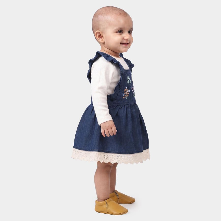 Infants' Navy Blue Fit and Flare Embroidered Ruffle Strap Frock, मध्यम नीला, large
