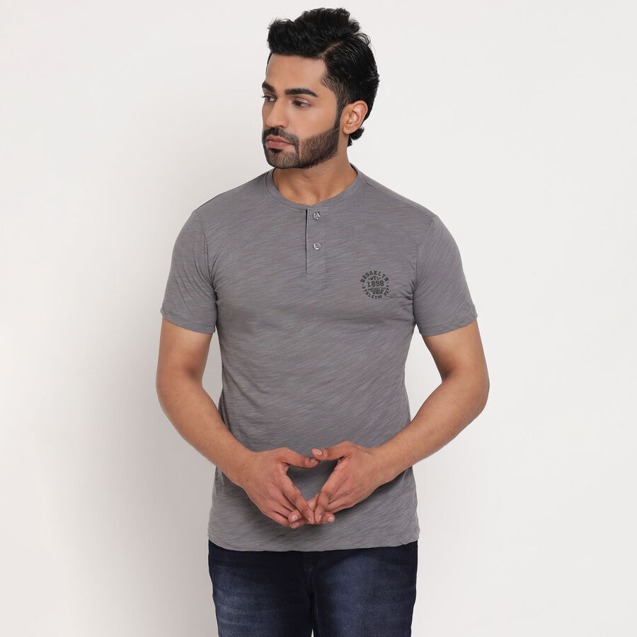 Cotton Solid Henley T-Shirt, Dark Grey, large image number null