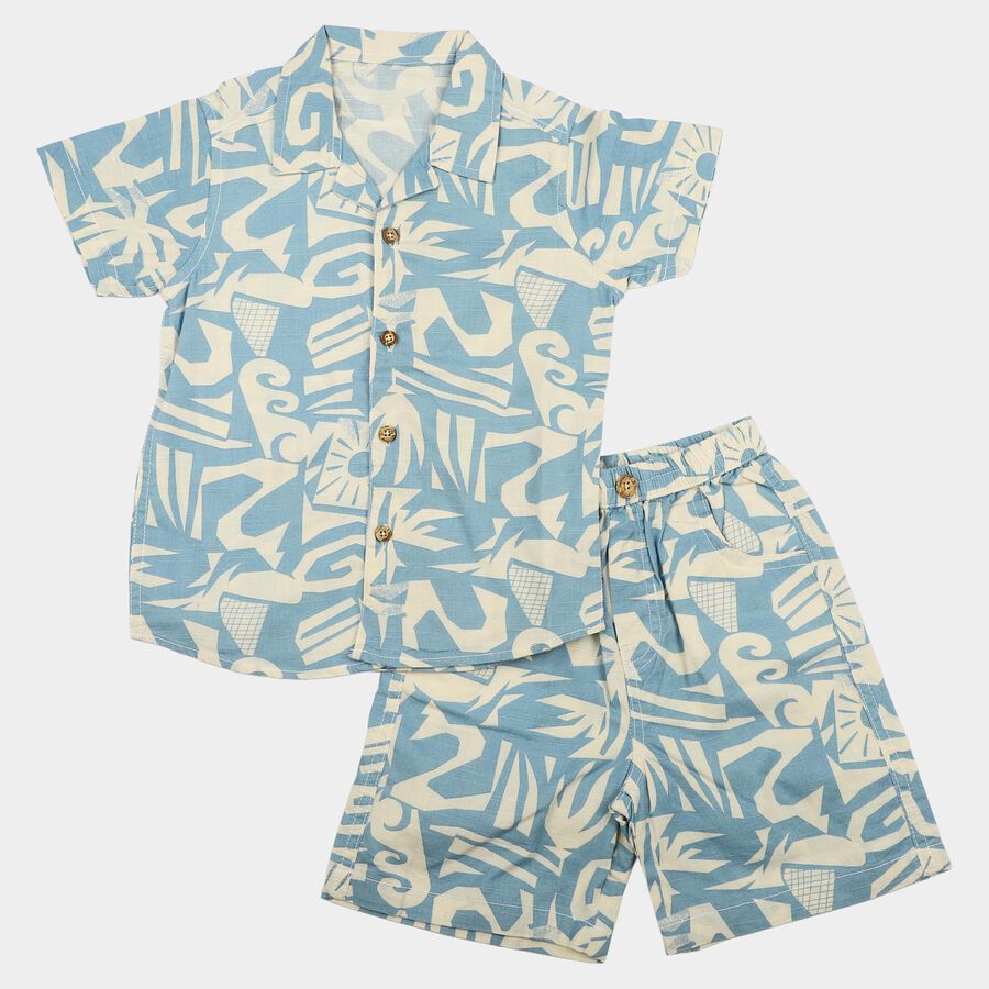 Boys Light Blue 100% Cotton Cuban Collar Printed Baba Suit, हल्का नीला, large