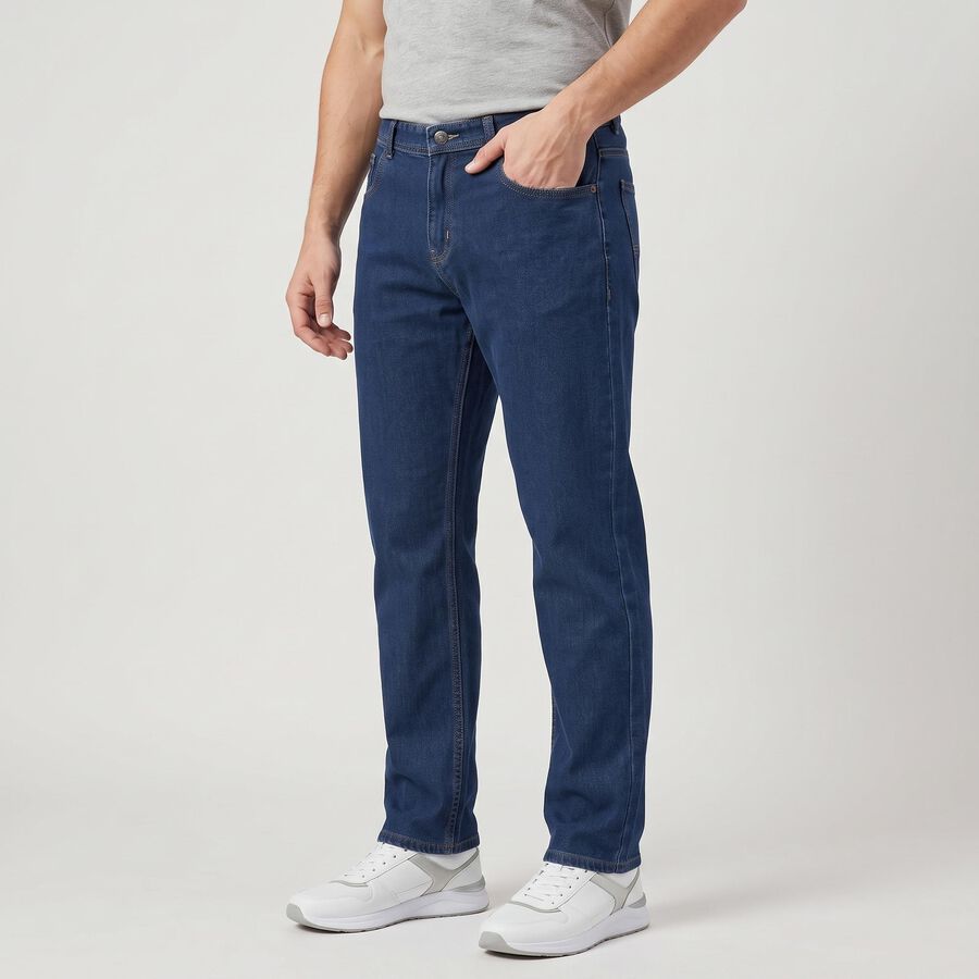 Men's Blue Straight Fit Clean Wash Jeans, मध्यम नीला, large