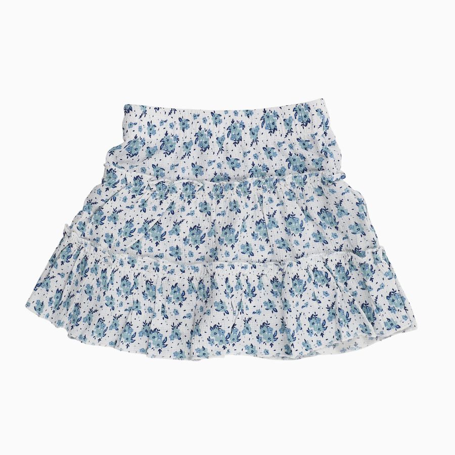 Girls' White and Blue Floral Tiered Mini Skirt, Light Blue, large