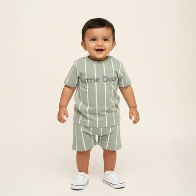 Infants' Light Green Cotton Round Neck Striped Baba Suit