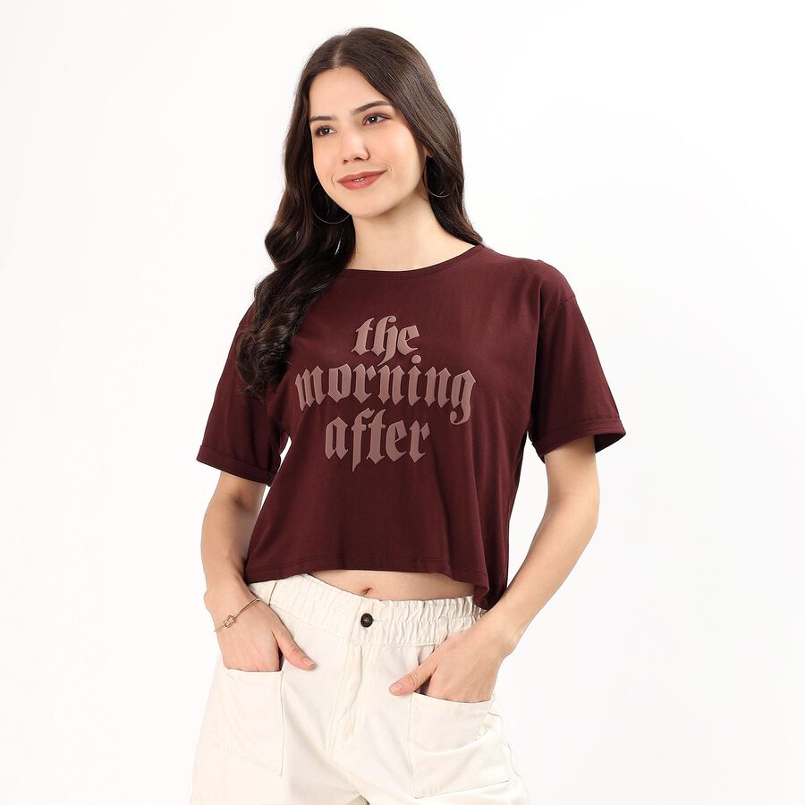 Women's Deep Maroon Cotton Round Neck Casual T-Shirt, भूरा, large
