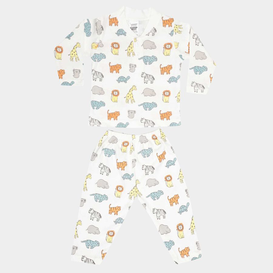 Infants Cotton Printed Night Suit, White, large image number null