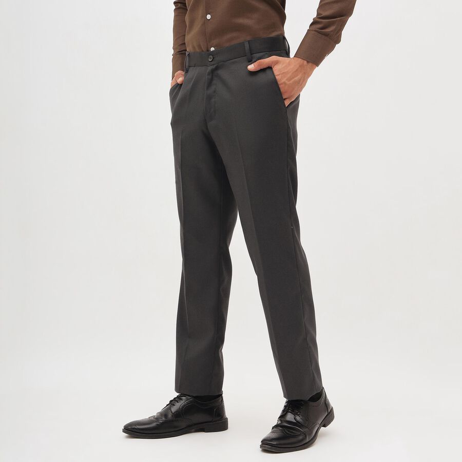 Men's Charcoal Slim Fit Flat-Front Formal Trousers, गहरा ग्रे, large image number null