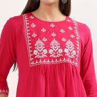 Women's Fuchsia White Cotton Notch Neck Printed Kurta, रानी (फ्यूशिया), small