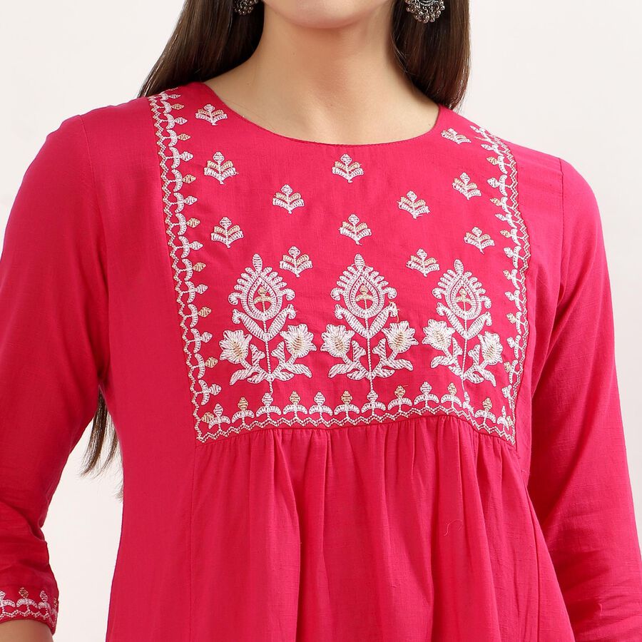 Women's Fuchsia White Cotton Notch Neck Printed Kurta, रानी (फ्यूशिया), large