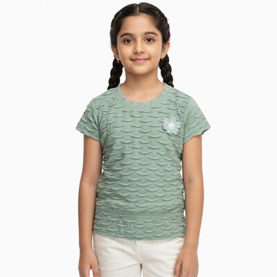 Girls Light Sage Green Round Neck Casual T-Shirt