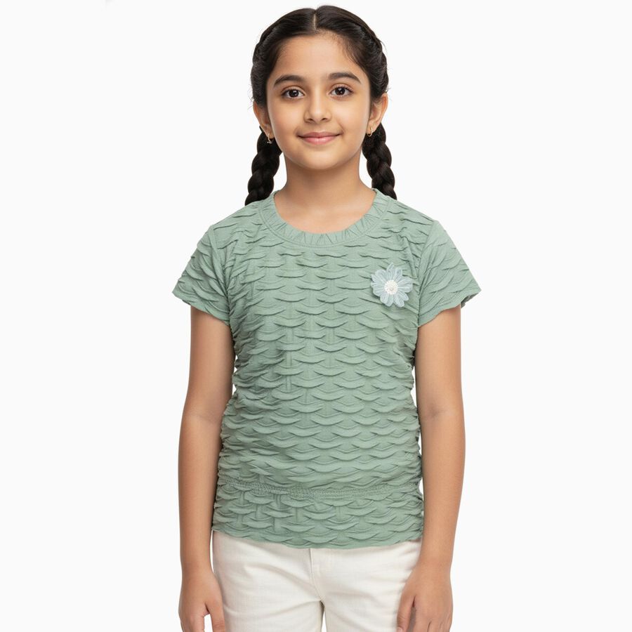 Girls Light Sage Green Round Neck Casual T-Shirt, Light Green, large