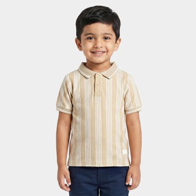 Boys Beige Polo Neck Striped Polo T-Shirt