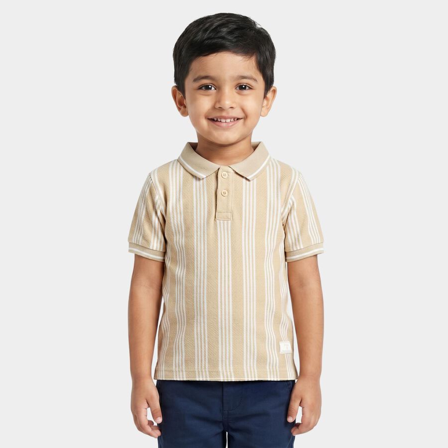Boys Beige Polo Neck Striped Polo T-Shirt, Beige, large