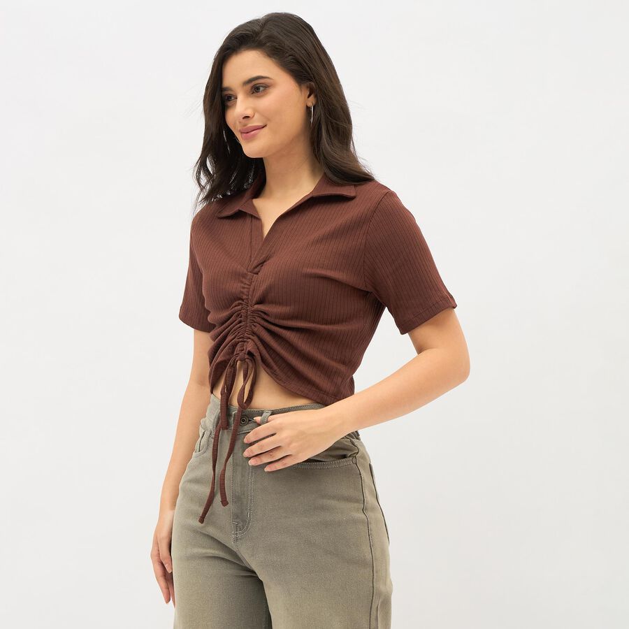 Women's Brown Cotton Collared Casual Crop Top, भूरा, large