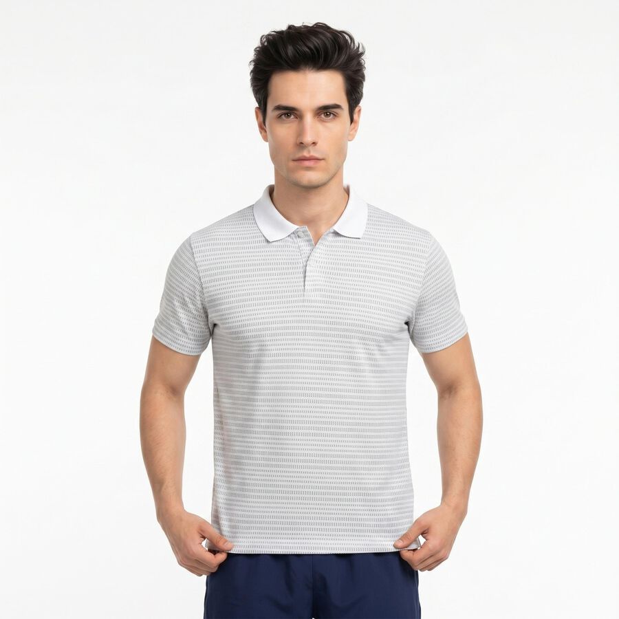 Men's White Polo Neck Striped Regular Drifit T-Shirt, White, large