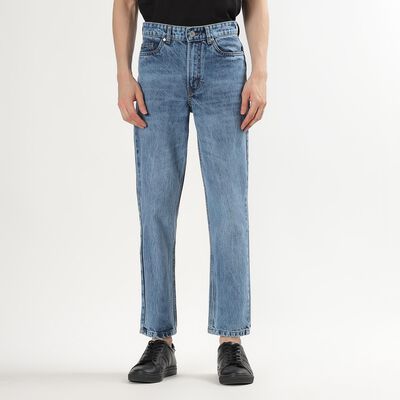 Men's Stonewashed Blue Straight Fit Five Pocket Jeans