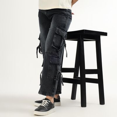 Women's Charcoal Black Cargo Fit High-Rise Jeans